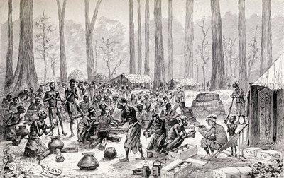 Scouts Serving Out Milk and Butter for Broth to Starving Pygmy Natives by Edouard Riou